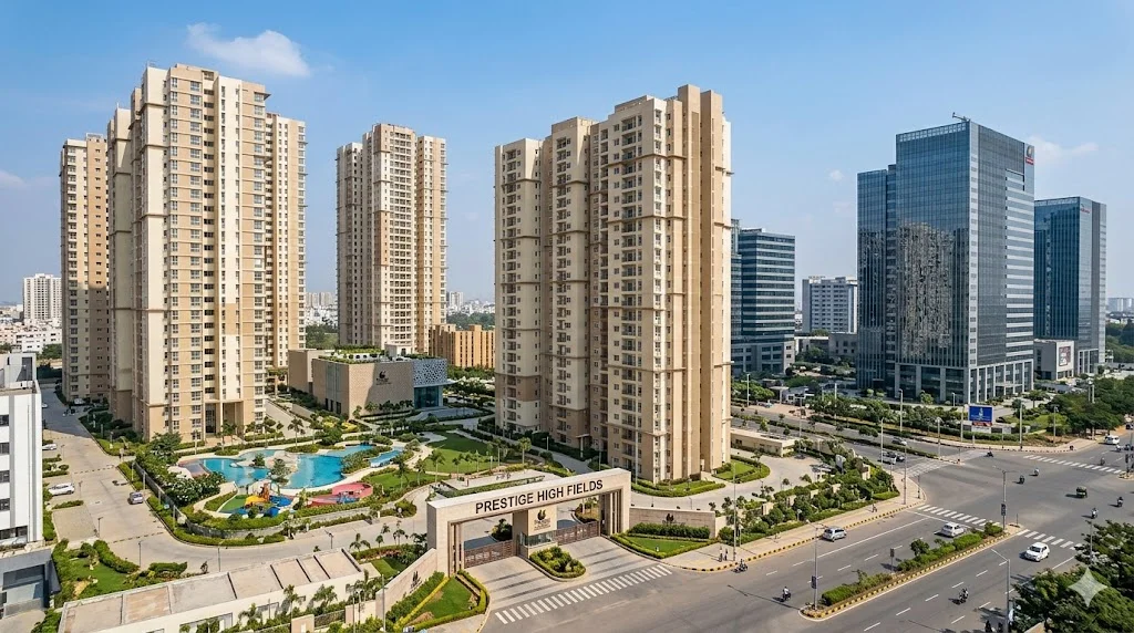 Exterior elevation of the expansive Prestige High Fields luxury apartment project situated in Nanakramguda, Financial District.